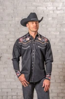 Rockmount Ranch Wear Men's Shirt - Vintage Pastel Floral Embroidered - Black
