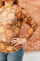 Turquoise Haven Women's Shirt - Brown Retro Floral / Mesh 