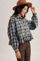 Hem & Thread Women's Shirt - Bottom Frilled Checkered - Blue