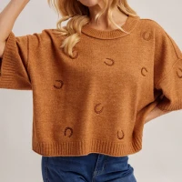 Hem & Thread Women's Shirt - Horse Shoe Embroidered Sweater - Cinnamon