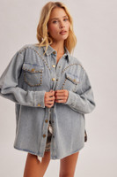 Hem & Thread Women's Shirt - Studded Basket Weave Shacket - Denim Blue