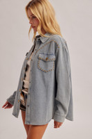Hem & Thread Women's Shirt - Studded Basket Weave Shacket - Denim Blue