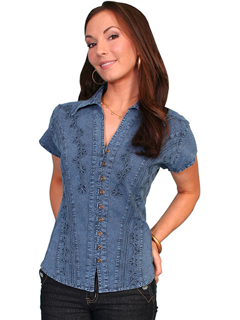 Scully Women's Shirt - Cantina Collection - Cap Sleeve / Point Collar - Blue Scully Women's Shirt - Cantina Collection - Cap Sleeve / Point Collar - Blue