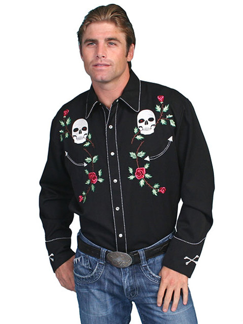 Scully Men's Shirt - Skull / Roses Embroidery - Black Scully Men's Shirt - Skull / Roses Embroidery - Black