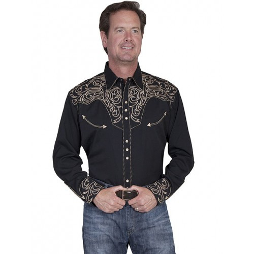 Scully Men's Shirt - Western Elegant Embroidered Scroll - Black Scully Men's Shirt - Western Elegant Embroidered Scroll - Black