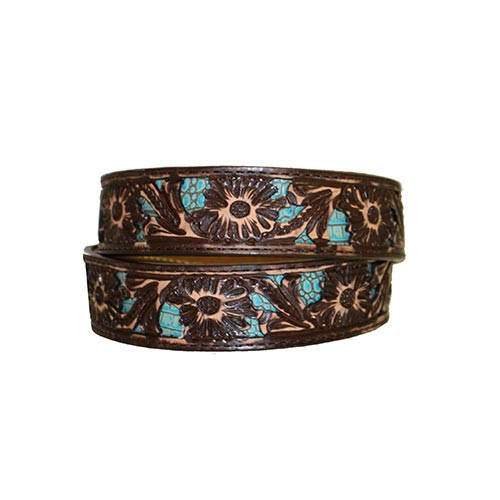 Double J Saddlery Men's Belts - 1-7/8" tapered 1-1/2" Floral Tooled Brown Vintage / Turquoise Inlay Double J Saddlery Men's Belts - 1-7/8" tapered 1-1/2" Floral Tooled Brown Vintage / Turquoise Inlay