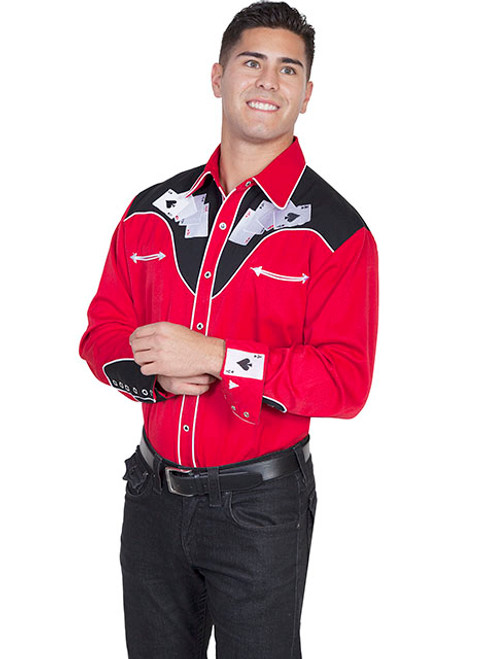 Scully Men's Shirt - Four Ace Embroidered Shirt - Red / Black Scully Men's Shirt - Four Ace Embroidered Shirt - Red / Black
