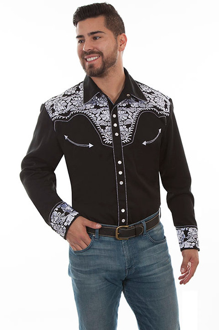 Scully Men's Shirt - Floral Tooled Embroidery - Black / White Scully Men's Shirt - Floral Tooled Embroidery - Black / White