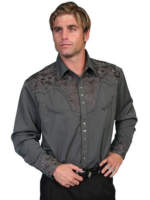 Scully Men's Shirt - Floral Tooled Embroidery - Charcoal Scully Men's Shirt - Floral Tooled Embroidery - Charcoal