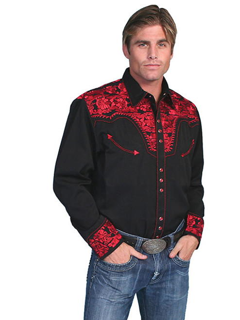 Scully Men's Shirt - Floral Tooled Embroidery - Black / Crimson Scully Men's Shirt - Floral Tooled Embroidery - Black / Crimson