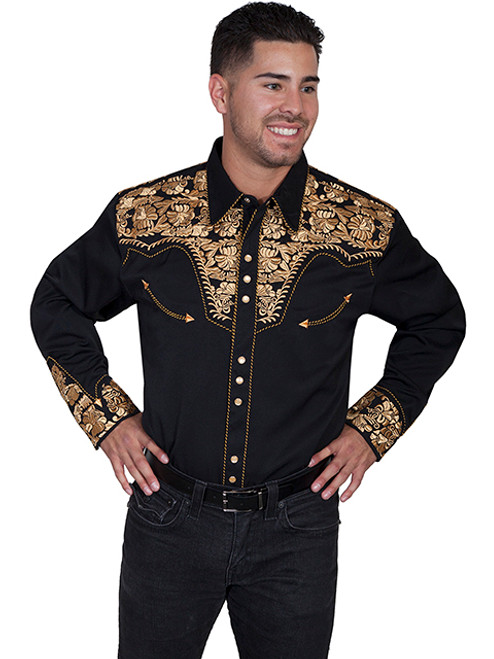 Scully Men's Shirt - Floral Tooled Embroidery - Black / Gold Scully Men's Shirt - Floral Tooled Embroidery - Black / Gold