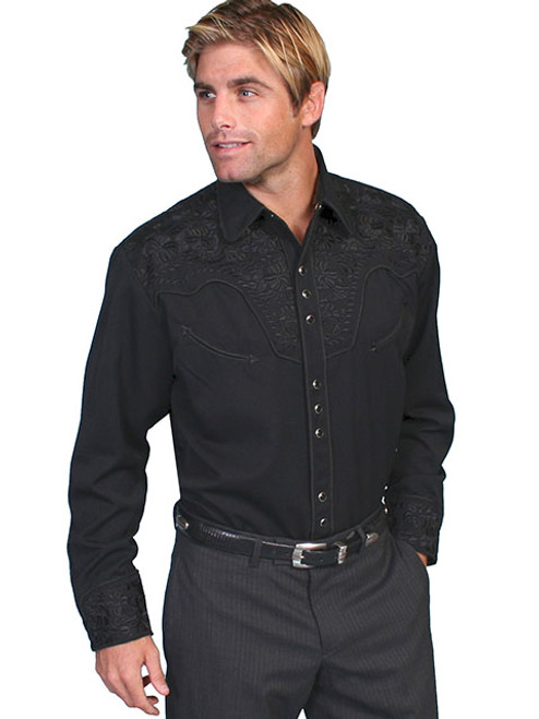 Scully Men's Shirt - Floral Tooled Embroidery - Jet Black Scully Men's Shirt - Floral Tooled Embroidery - Jet Black