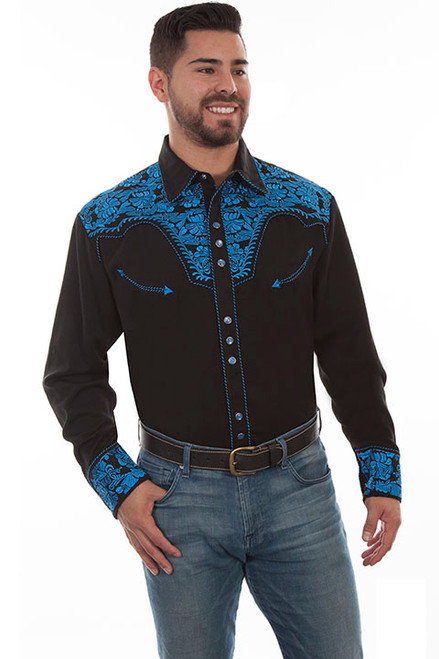 Scully Men's Shirt - Floral Tooled Embroidery - Black / Royal Scully Men's Shirt - Floral Tooled Embroidery - Black / Royal