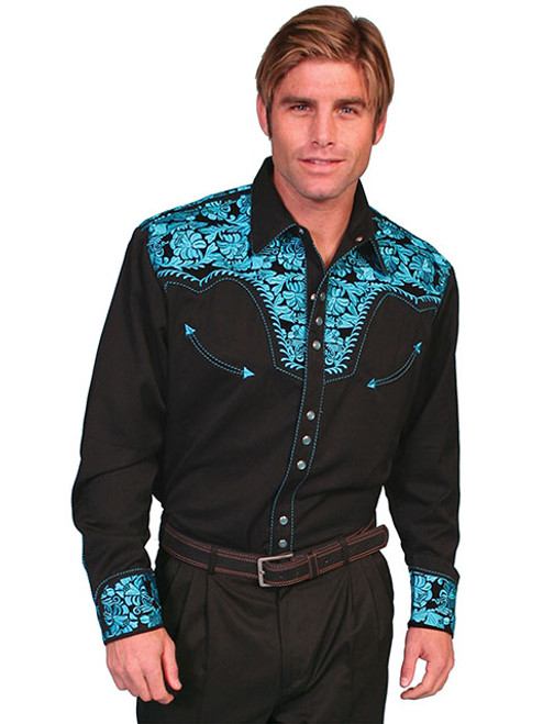 Scully Men's Shirt - Floral Tooled Embroidery - Black / Turquoise Scully Men's Shirt - Floral Tooled Embroidery - Black / Turquoise