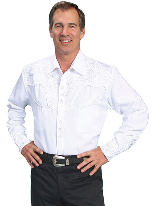 Scully Men's Shirt - Floral Tooled Embroidery - White - Billy's Western ...