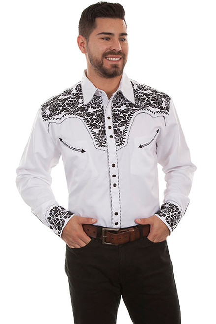 Scully Men's Shirt - Floral Tooled Embroidery - White / Black Scully Men's Shirt - Floral Tooled Embroidery - White / Black