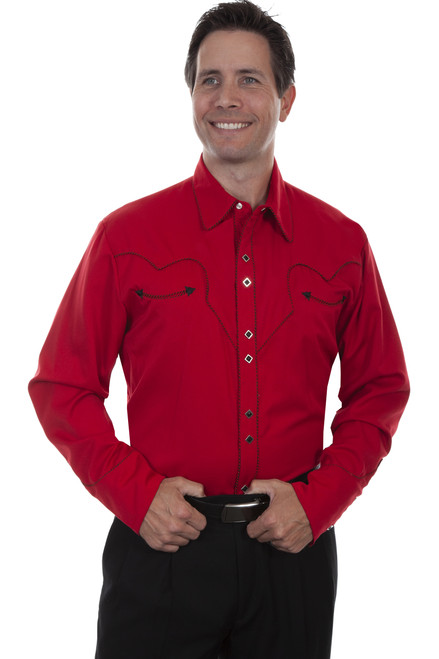 Scully Men's Shirt - Crimson Solid w/ Black Candy Cane Piping 