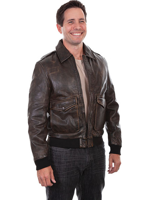 Scully Men's Western Jean Jacket - Leather Bomber - Brown Scully Men's Western Jean Jacket - Leather Bomber - Brown