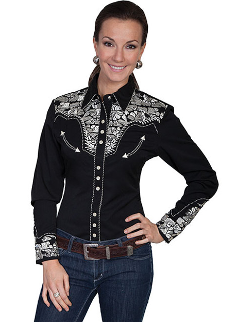 Scully Women's Shirt - Floral Tooled Embroidery - Black / Silver Scully Women's Shirt - Floral Tooled Embroidery - Black / Silver