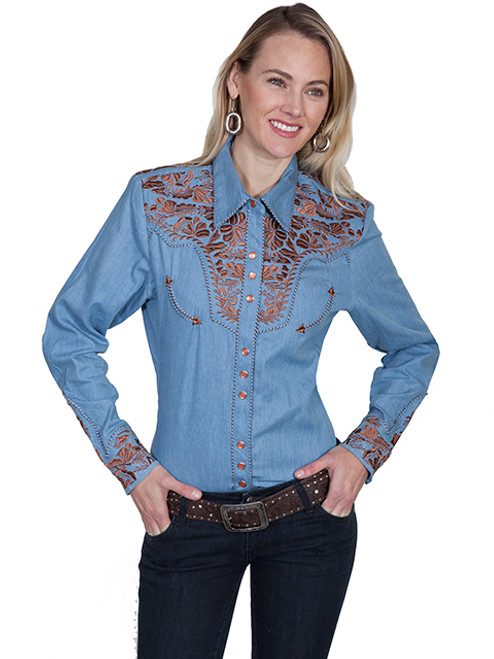 Scully Women's Shirt - Floral Tooled Embroidery - Blue / Tan Scully Women's Shirt - Floral Tooled Embroidery - Blue / Tan