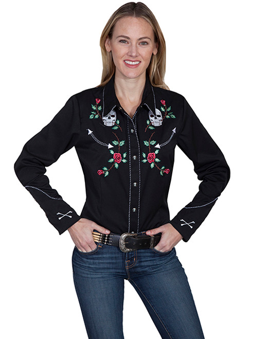 Scully Women's Shirt - Skull & Roses Embroidery - Black Scully Women's Shirt - Skull & Roses Embroidery - Black
