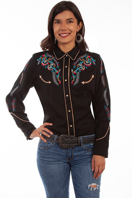 Scully Women's Shirt - Feather & Floral Embroidered - Black Scully Women's Shirt - Feather & Floral Embroidered - Black