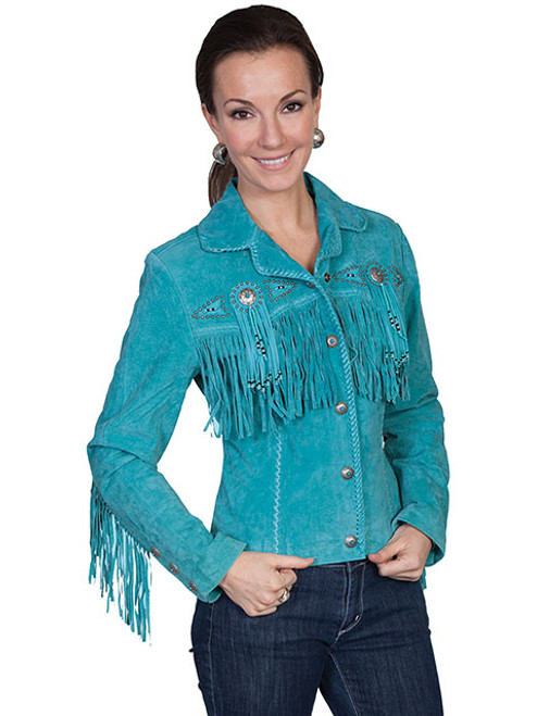 Scully Women's Jacket - Beaded Fringe / Boar Suede - Turquoise # 123 Scully Women's Jacket - Beaded Fringe / Boar Suede - Turquoise # 123