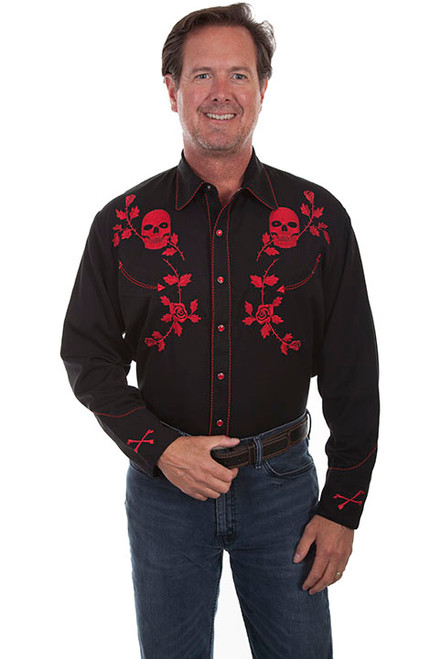Scully Men's Shirt - Skull / Roses Embroidery - Red Scully Men's Shirt - Skull / Roses Embroidery - Red