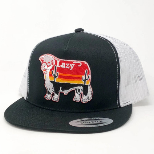 Lazy J Ranchwear Accessories - Ball Cap - Black / White - Sunrise Cactus Bull Patch - 4"