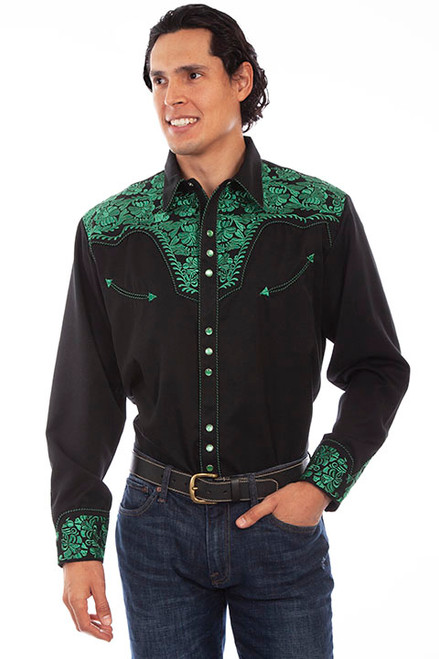 Scully Men's Shirt - Floral Tooled Embroidery - Black / Emerald - Billy ...