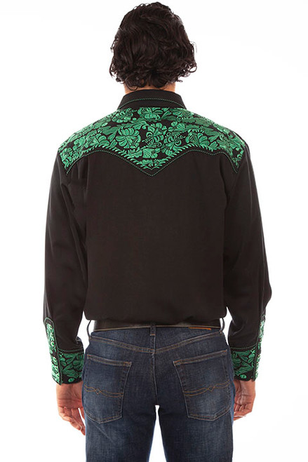 Scully Men's Shirt - Floral Tooled Embroidery - Black / Emerald