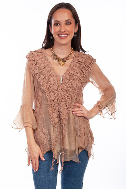 Scully Women's Shirt - Honey Creek Collection - Lace / Ruffle V-Neck - Natural Scully Women's Shirt - Honey Creek Collection - Lace / Ruffle V-Neck - Natural