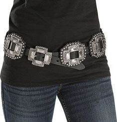 Vintage Western Roper Black Leather Belt w/ Silver Buckle & Concho Charm Accents Concho Western Belt Cowboy Genuine Leather Studs Silver  main image 3