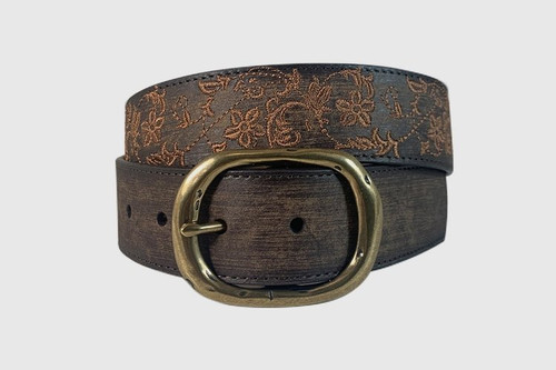 Gem Dandy Accessories - Cowgirls Rock Belt - Distressed Genuine Leather - Tan Floral Embroidery - Brown Gem Dandy Accessories - Cowgirls Rock Belt - Distressed Genuine Leather - Tan Floral Embroidery - Brown