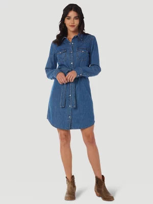chinese dress ladies Relaxed Western Denim Midi Shirt Dress with Button Front for Women main image 1
