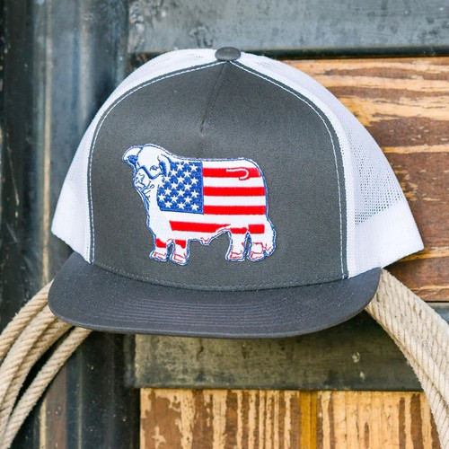Lazy J Ranchwear Accessories - Ball Cap - Grey / White - American Flag Bull - 4"