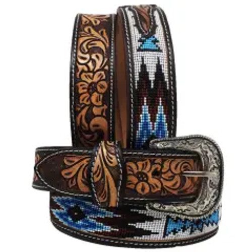 Challenger Accessories - Heavy Duty Tooled & Beaded Leather Belt Challenger Accessories - Heavy Duty Tooled & Beaded Leather Belt
