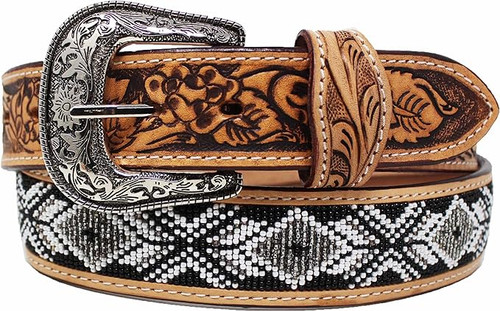 Challenger Accessories - Floral Tooled & Beaded Leather Belt