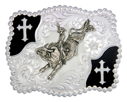 Montana Silversmith Accessories - Silver & Black Cross Corners w/ Bull Rider Buckle Montana Silversmith Accessories - Silver & Black Cross Corners w/ Bull Rider Buckle