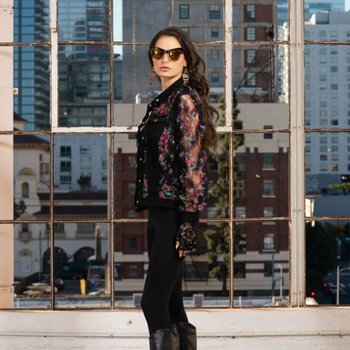 Adore Women's Jackets - Denim & Mesh Floral - Black - Billy's