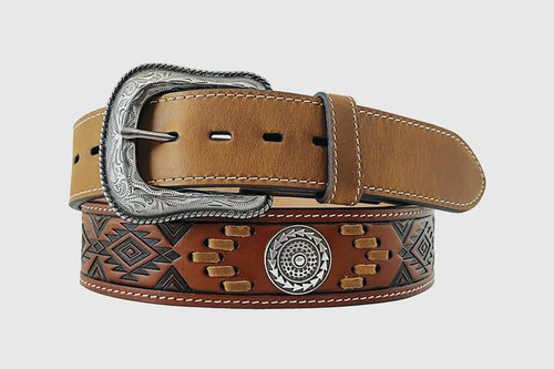Gem Dandy Men's Accessories - Roper Genuine leather Aztec Emboss / Lacing / Western Conchos - Cognac