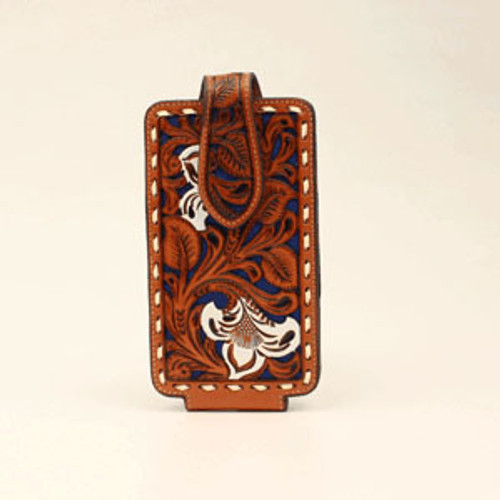 Nocona by M&F Accessories - Floral Embossing Pierced Cell Phone Holder - Tan w/ Blue Underlay & White Flowers