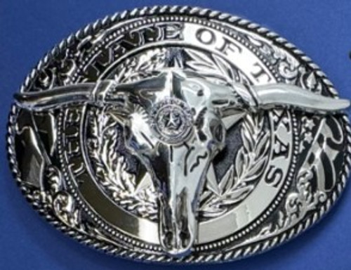 Billy's Western Wear Accessories - Buckle - State Of Texas Seal / XL Oval -Silver / Black W/ Skull