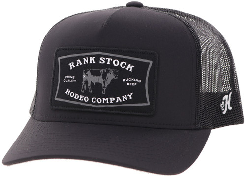 Hooey Caps - Rank Stock Black 5-Panel Trucker with Black / White Rectangle Patch/ White Stitching 