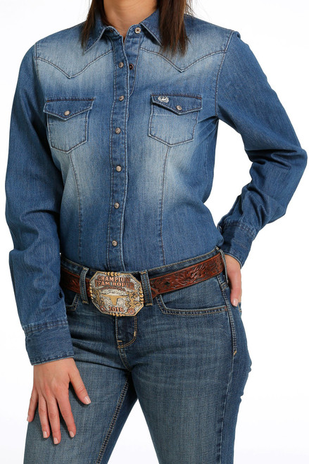 Cinch Women's Shirt - Solid Button Up - Denim
