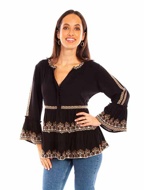 Scully Women's Shirt - Embroidered / Partial Button / Bell Sleeve - Black
