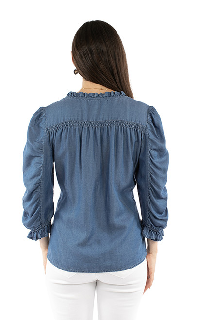 Scully Women's Shirt - Honey Creek Collection - Button Front Ruffle Top - Blue