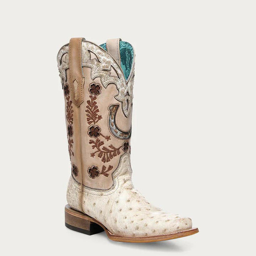 Corral Women's Boots - Ivory Ostrich / Horseshoe Overlay & Embroidery
