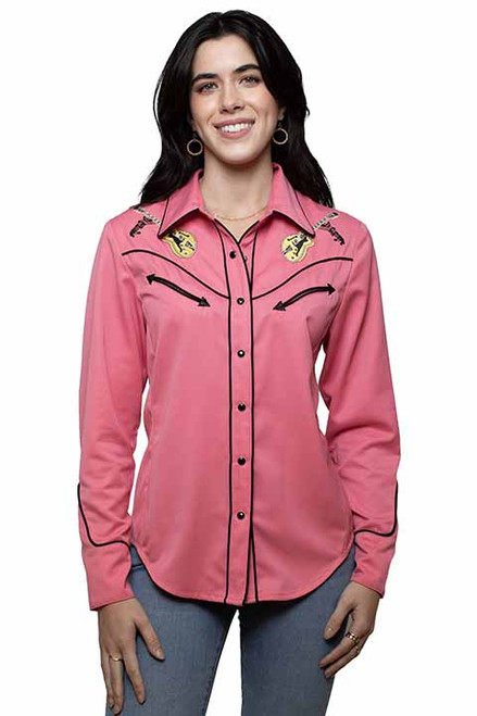 Scully Women's Shirt - Retro Car / Music Notes Embroidered - Pink