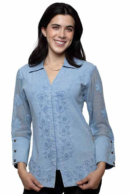 Scully Women's Top - Cantina Collection - Peruvian Cotton - Embroidered / Mesh Sleeves - Blue